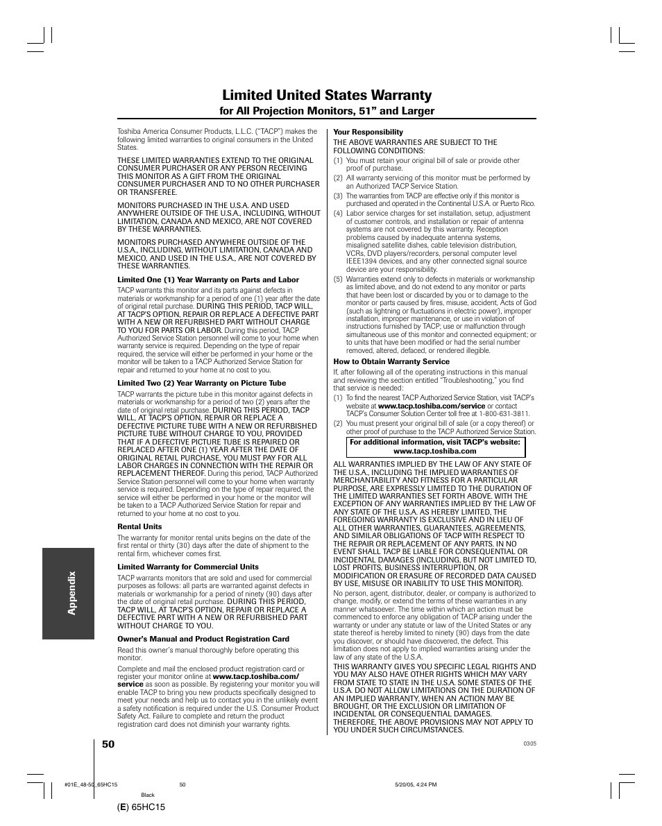 Limited united states warranty | Toshiba 65HC15 User Manual | Page 50 / 52