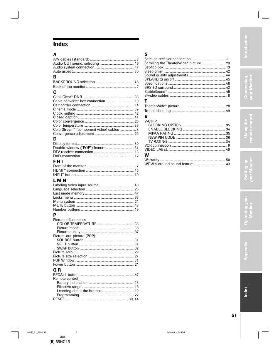 Index | Toshiba 65HC15 User Manual | Page 51 / 52