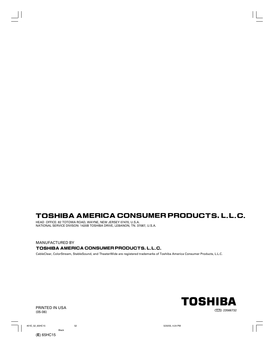 Toshiba 65HC15 User Manual | Page 52 / 52