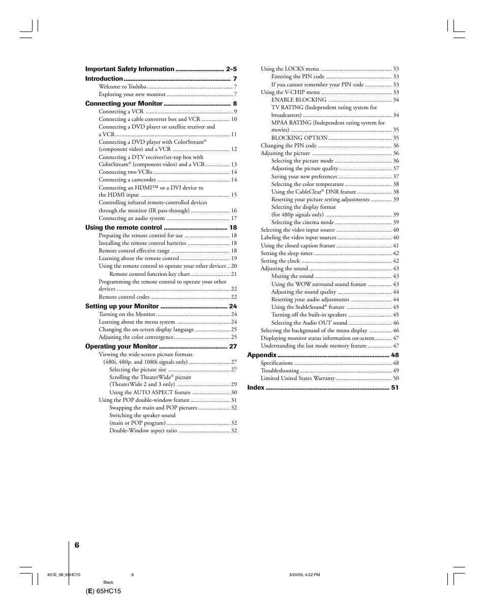 Toshiba 65HC15 User Manual | Page 6 / 52