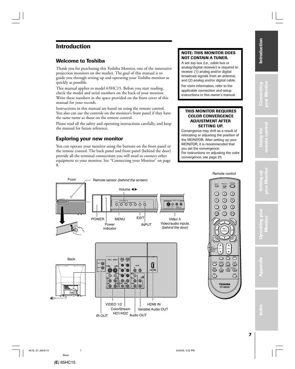 Introduction, Welcome to toshiba, Exploring your new monitor | E ) 65hc15 | Toshiba 65HC15 User Manual | Page 7 / 52