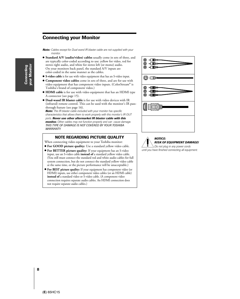 Connecting your monitor | Toshiba 65HC15 User Manual | Page 8 / 52