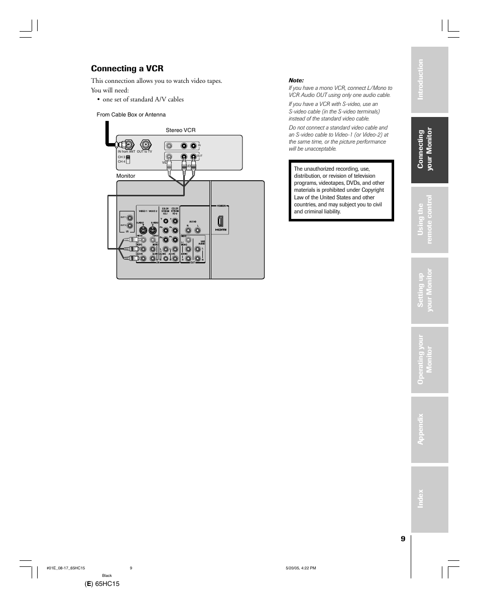 Connecting a vcr | Toshiba 65HC15 User Manual | Page 9 / 52