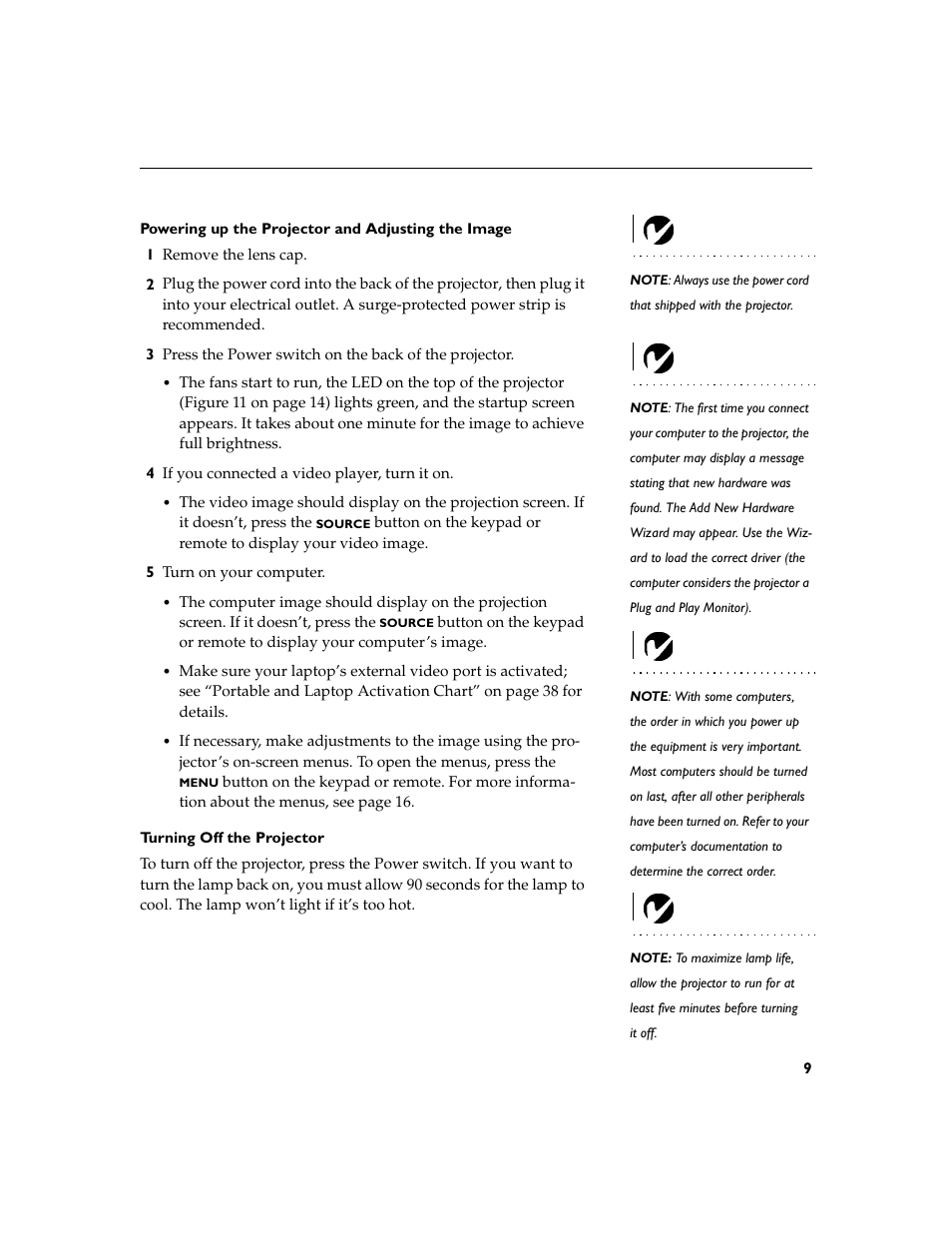 Heading2 - turning off the projector, Powering up the projector and adjusting the image, Turning off the projector | Toshiba TDP-P4 User Manual | Page 13 / 51