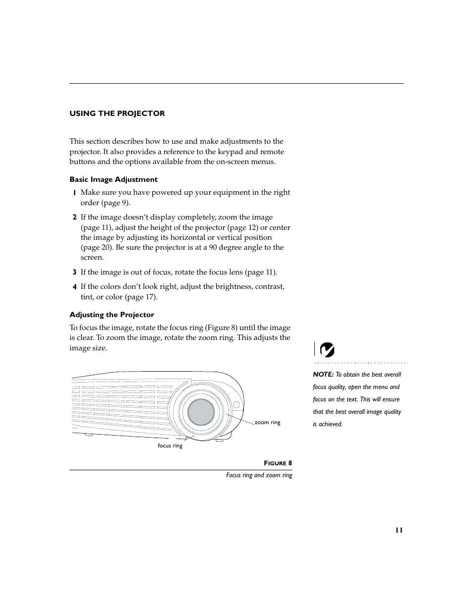 Heading1 - using the projector, Heading2 - basic image adjustment, Heading2 - adjusting the projector | Using the projector, Basic image adjustment, Adjusting the projector | Toshiba TDP-P4 User Manual | Page 14 / 51