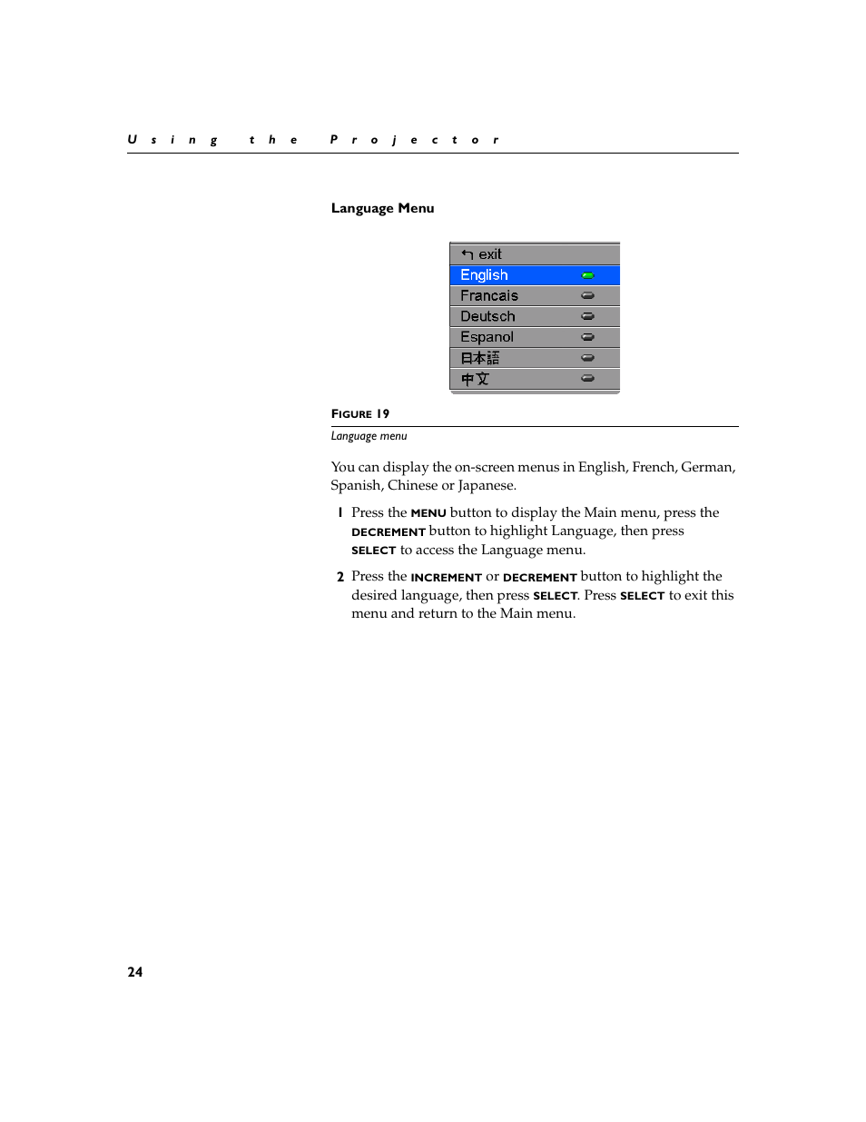 Heading2 - language menu, Language menu | Toshiba TDP-P4 User Manual | Page 27 / 51