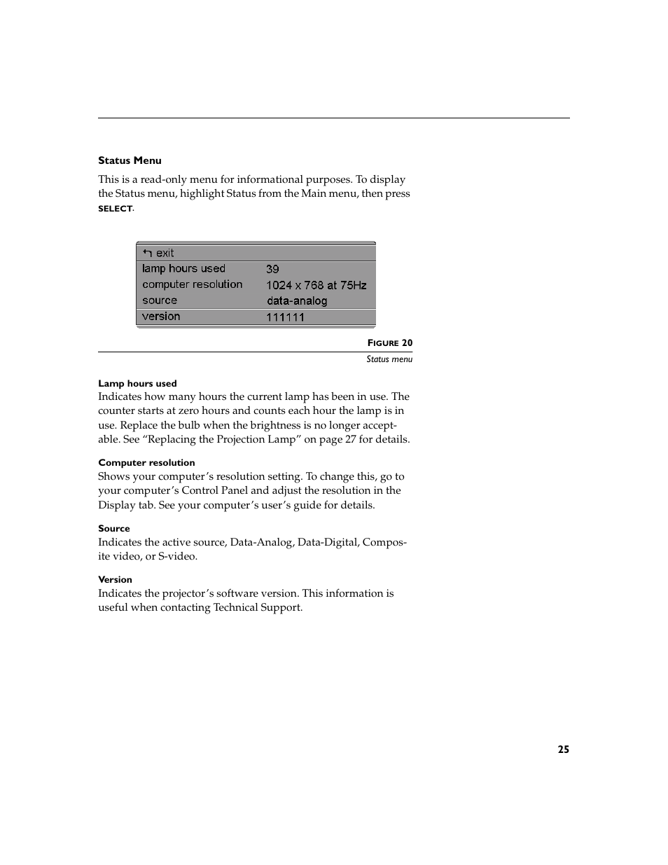 Heading2 - status menu, Status menu | Toshiba TDP-P4 User Manual | Page 28 / 51
