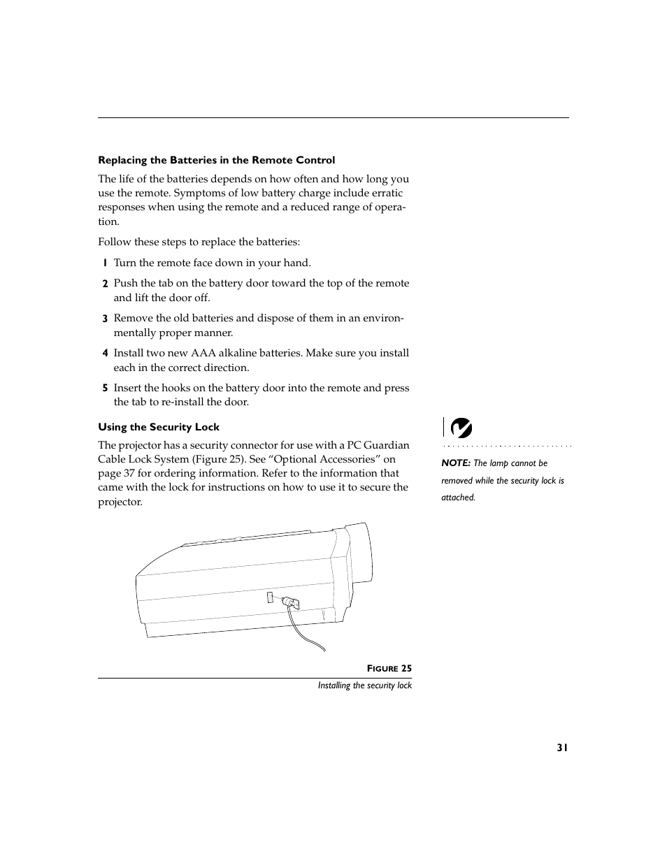 Heading2 - using the security lock, Replacing the batteries in the remote control, Using the security lock | Toshiba TDP-P4 User Manual | Page 33 / 51