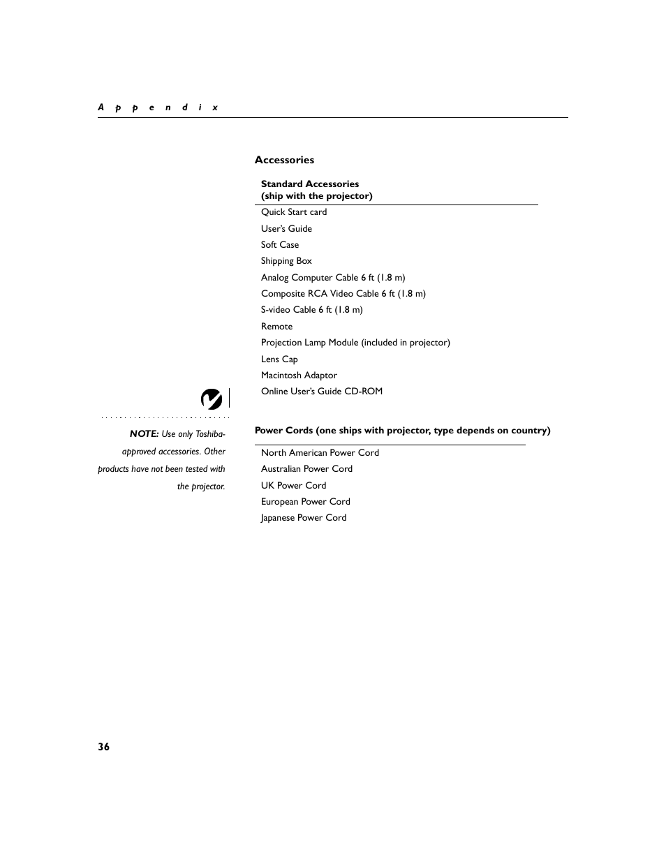Heading2 - accessories, Accessories 36 | Toshiba TDP-P4 User Manual | Page 38 / 51