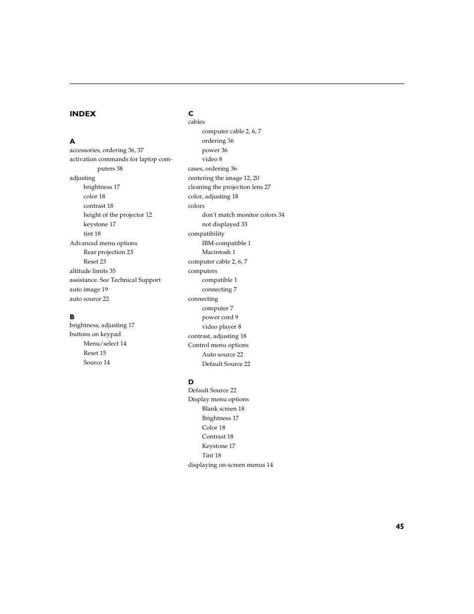 Heading1 - index, Index 45 | Toshiba TDP-P4 User Manual | Page 47 / 51