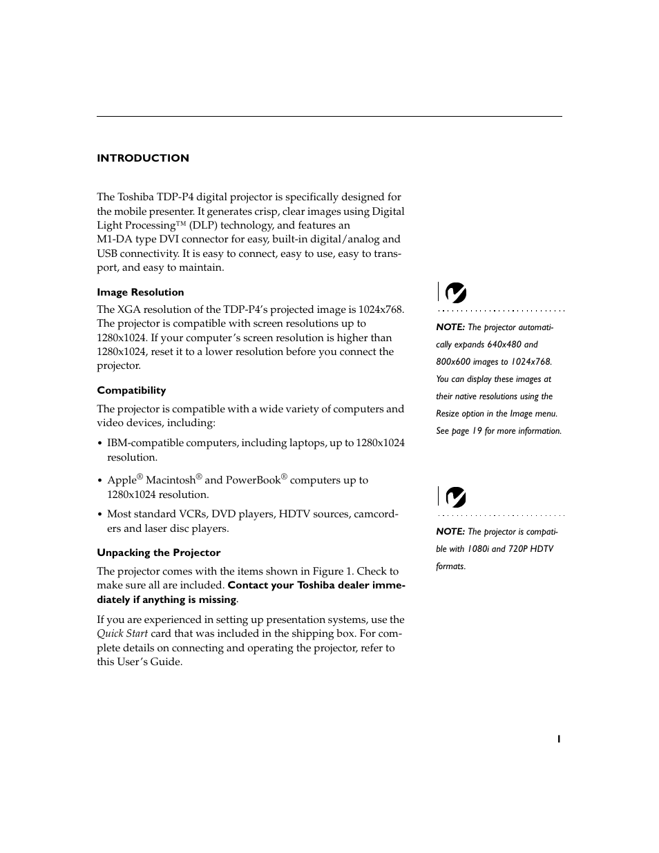 Heading1 - introduction, Heading2 - image resolution, Heading2 - compatibility | Heading2 - unpacking the projector, Introduction 1 image resolution, Compatibility 1 unpacking the projector | Toshiba TDP-P4 User Manual | Page 6 / 51