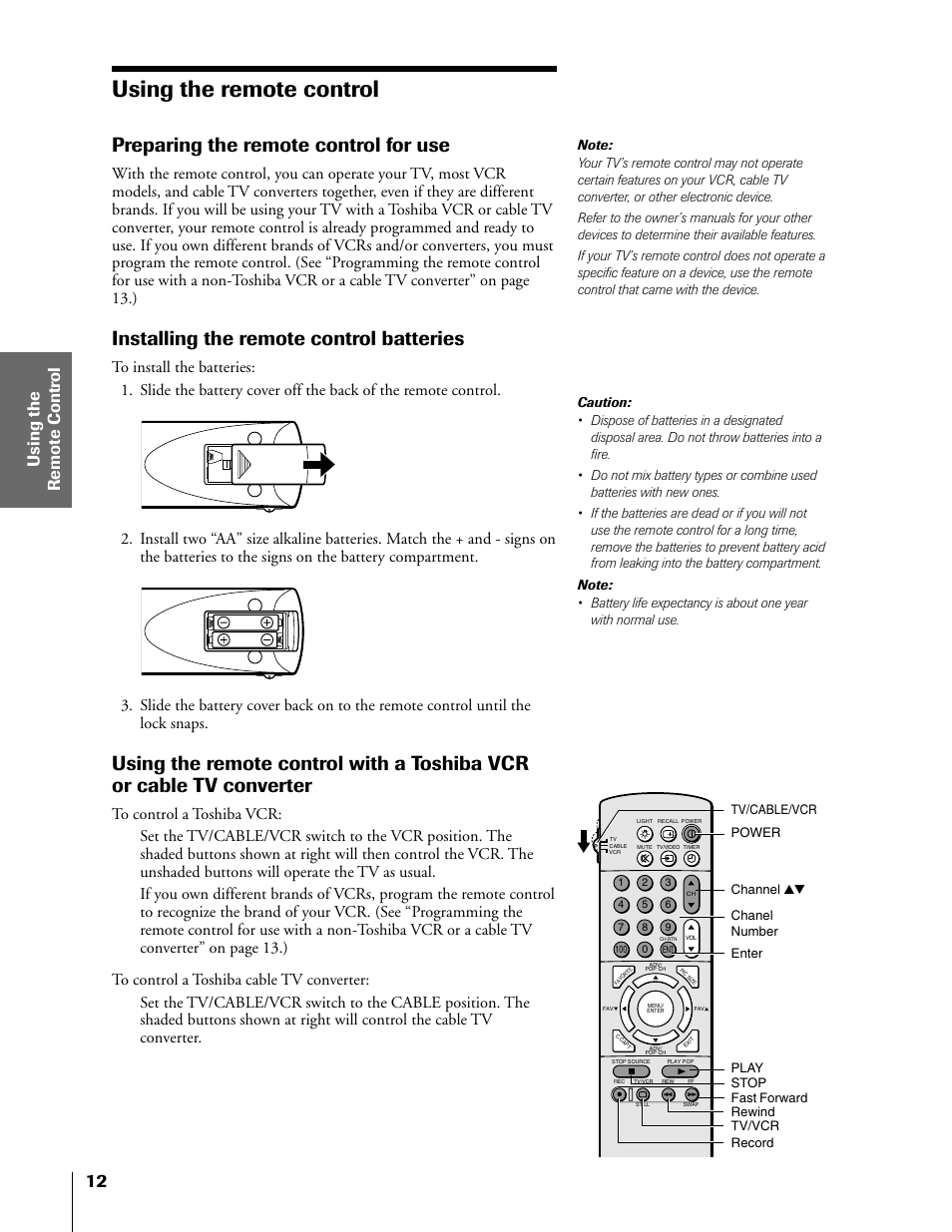 Using remote control, Preparing for use, Programming for use with vcr or cable tv converter | Using the remote control, Preparing the remote control for use, Installing the remote control batteries | Toshiba 50H81 User Manual | Page 12 / 54