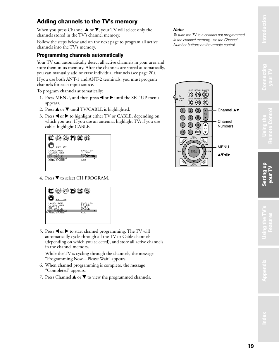 Adding channels to the tv's memory, Programming channels automatically, Press z to select ch program | Menu yzx • channel yz, Channel numbers | Toshiba 50H81 User Manual | Page 19 / 54