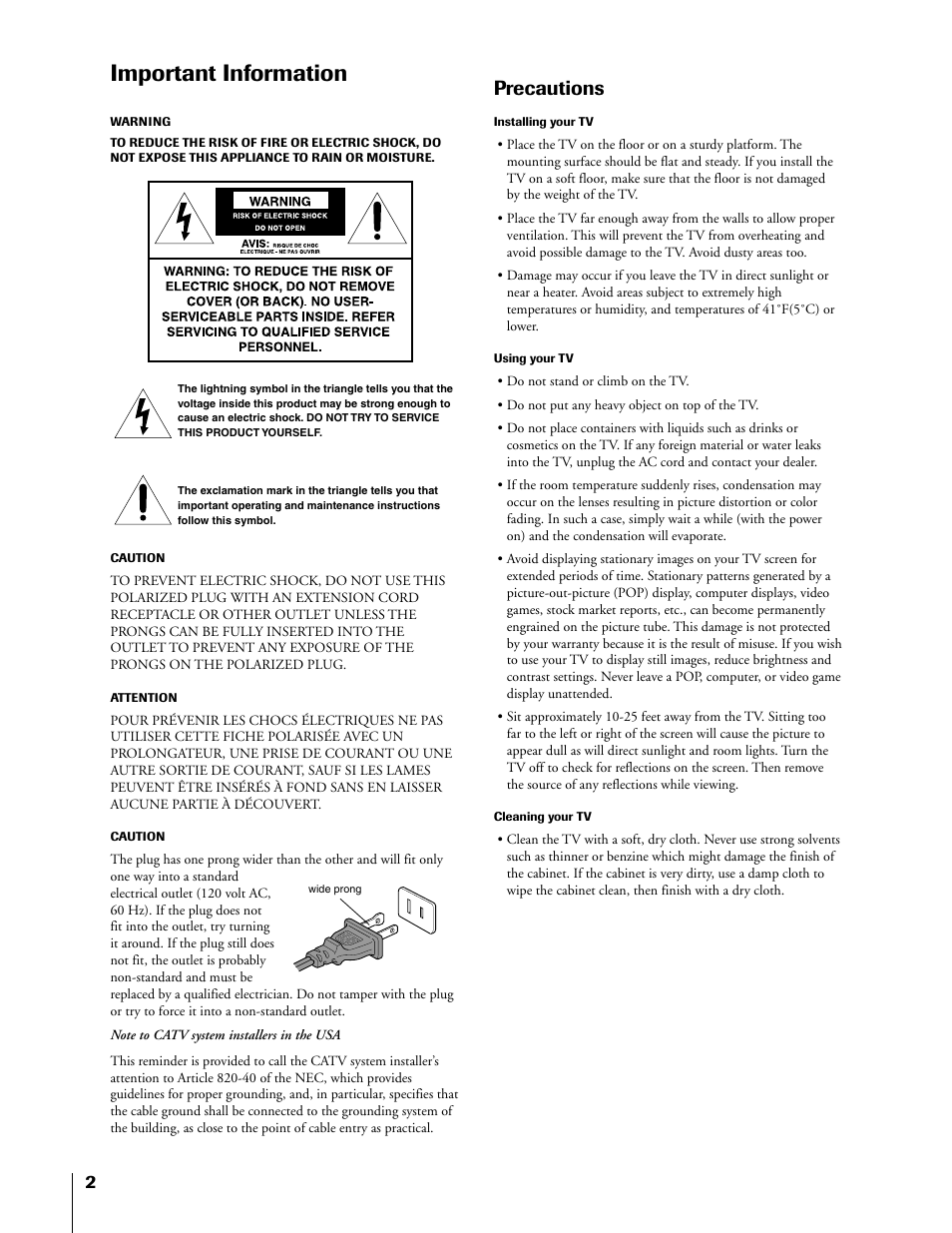 Precautions, Important information | Toshiba 50H81 User Manual | Page 2 / 54