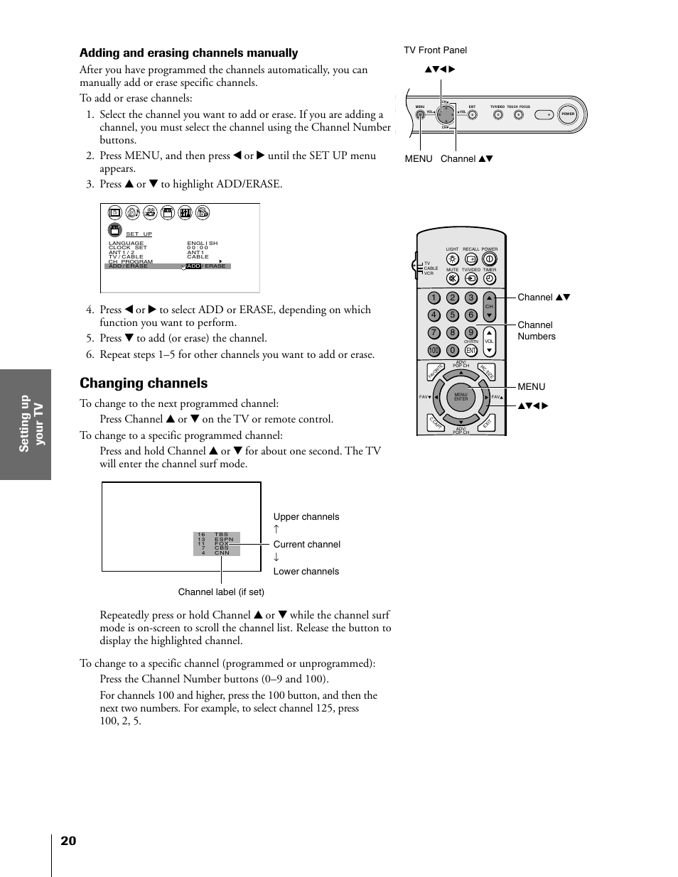 Changing channels, Adding and erasing channels manually | Toshiba 50H81 User Manual | Page 20 / 54