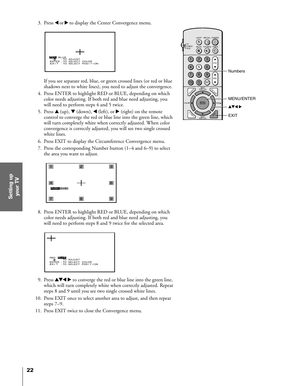 Exit yzx • numbers menu/enter | Toshiba 50H81 User Manual | Page 22 / 54