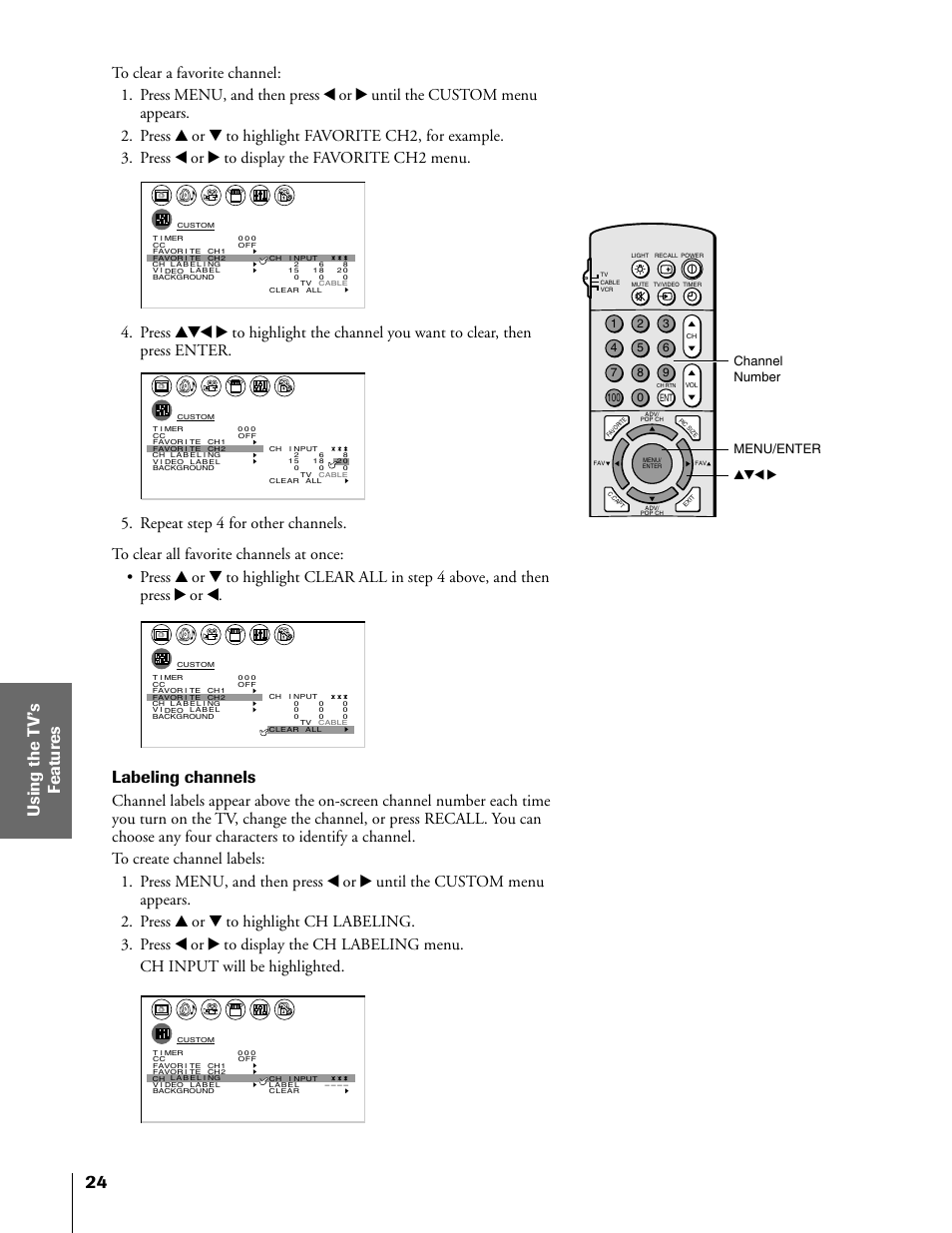 Labeling channels, Channel number yzx • menu/enter | Toshiba 50H81 User Manual | Page 24 / 54