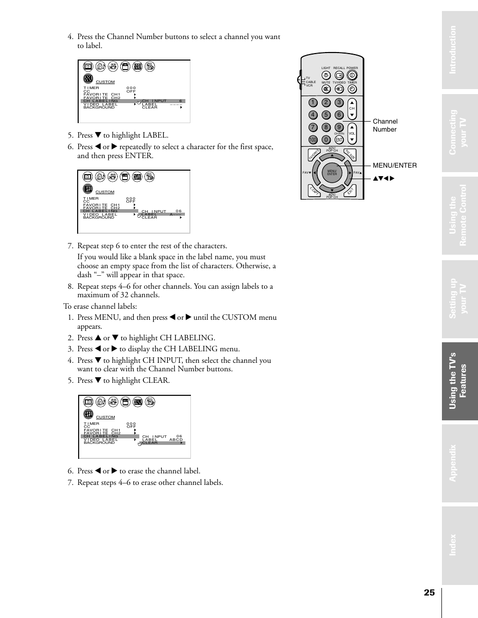 Channel number menu/enter yzx | Toshiba 50H81 User Manual | Page 25 / 54