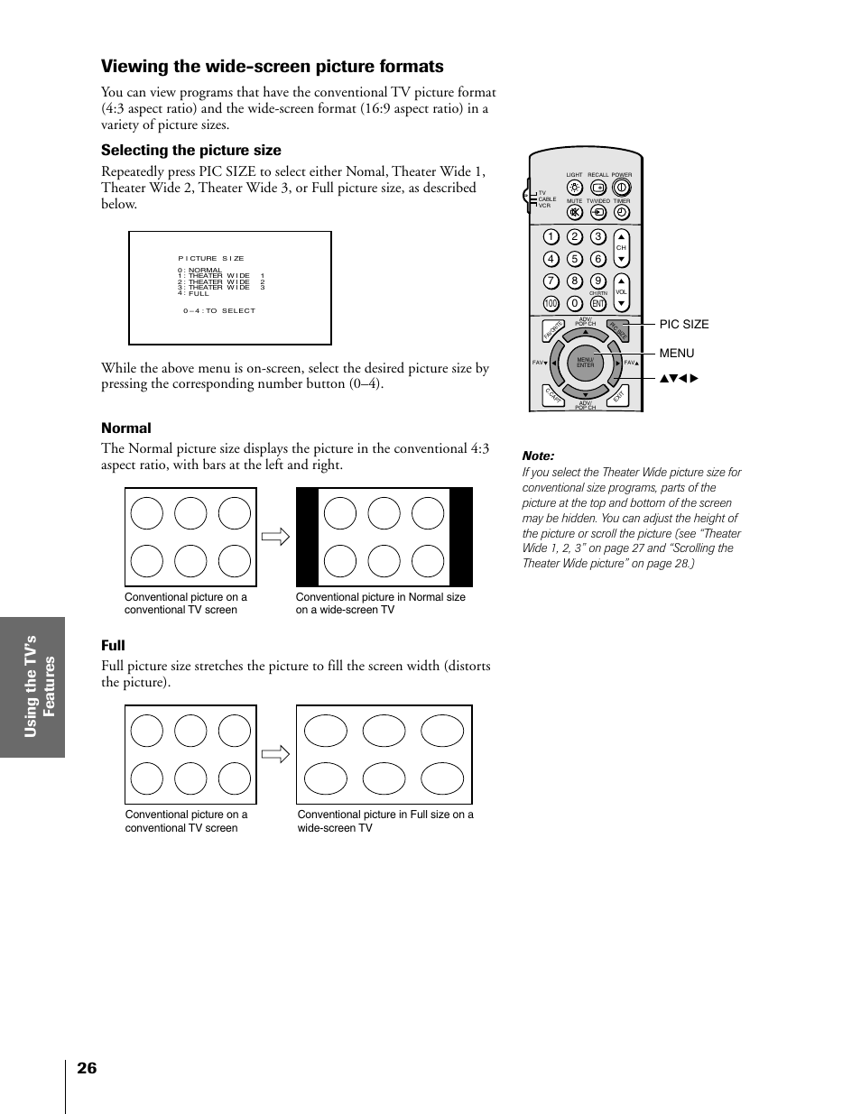 Viewing wide-screen picture formats, Viewing the wide-screen picture formats, Selecting the picture size | Pic size menu yzx | Toshiba 50H81 User Manual | Page 26 / 54