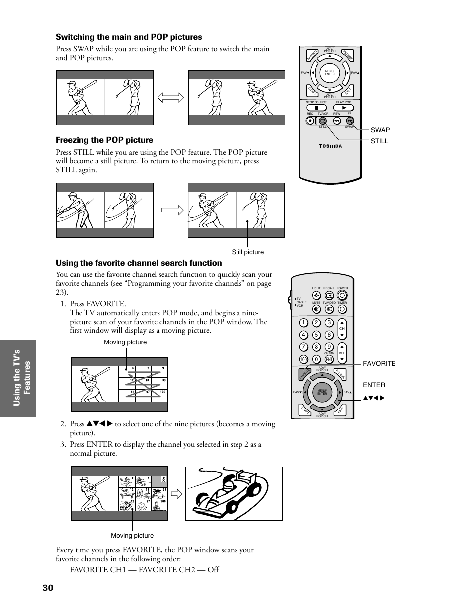 Switching the main and pop pictures, Freezing the pop picture, Using the favorite channel search function | Toshiba 50H81 User Manual | Page 30 / 54