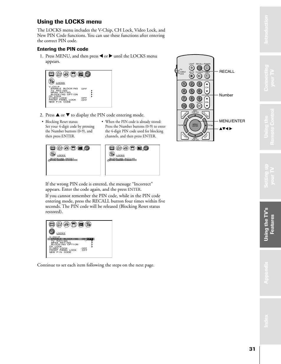 Using locks menu, Using the locks menu, Entering the pin code | Press y or z to display the pin code entering mode, Enter, Recall menu/enter yzx, Number | Toshiba 50H81 User Manual | Page 31 / 54