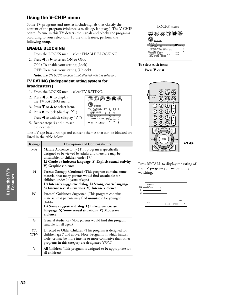 V-chip, Using the v-chip menu, Enable blocking | Locks menu | Toshiba 50H81 User Manual | Page 32 / 54