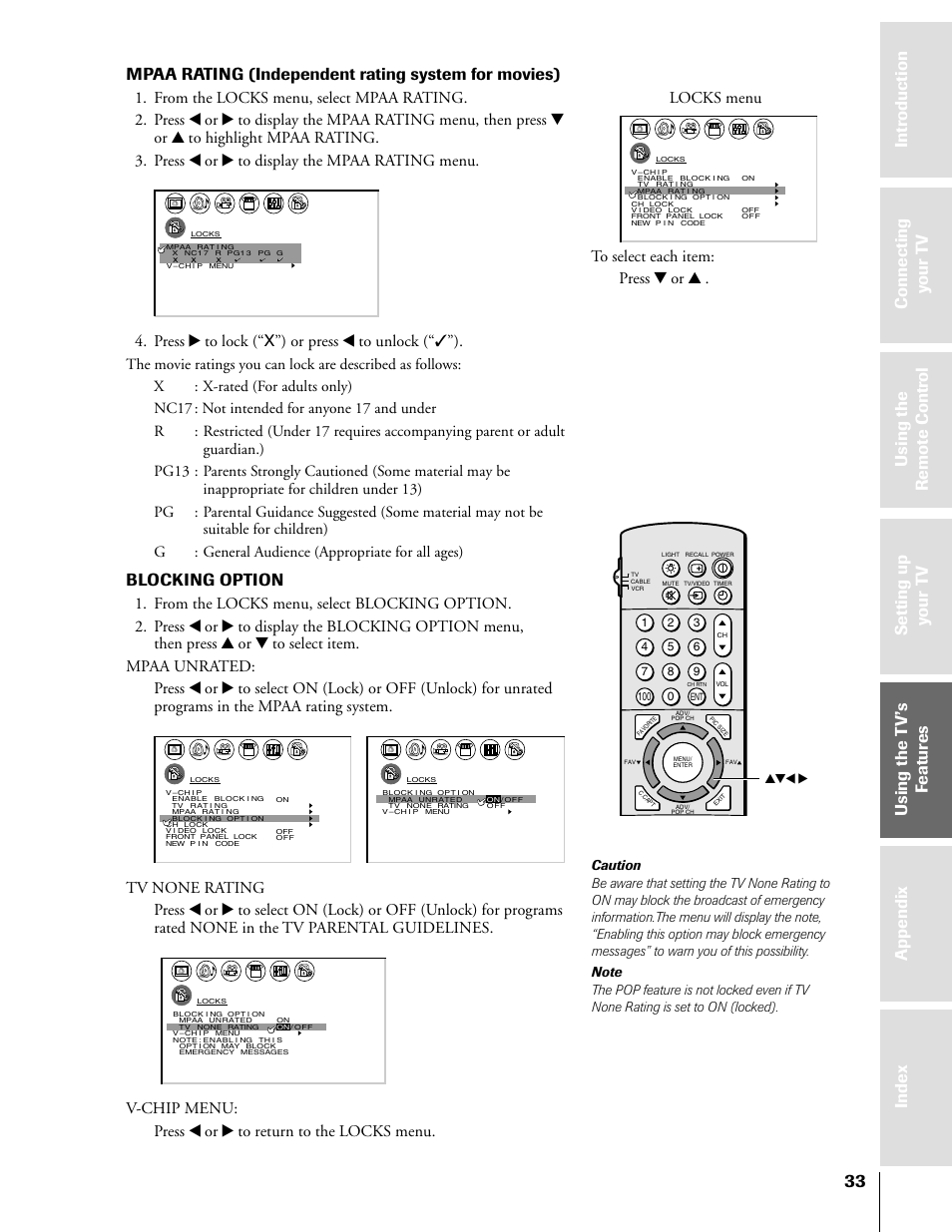 Mpaa rating (independent rating system for movies), Blocking option, Press • to lock (“x”) or press x to unlock (“✓”) | Toshiba 50H81 User Manual | Page 33 / 54