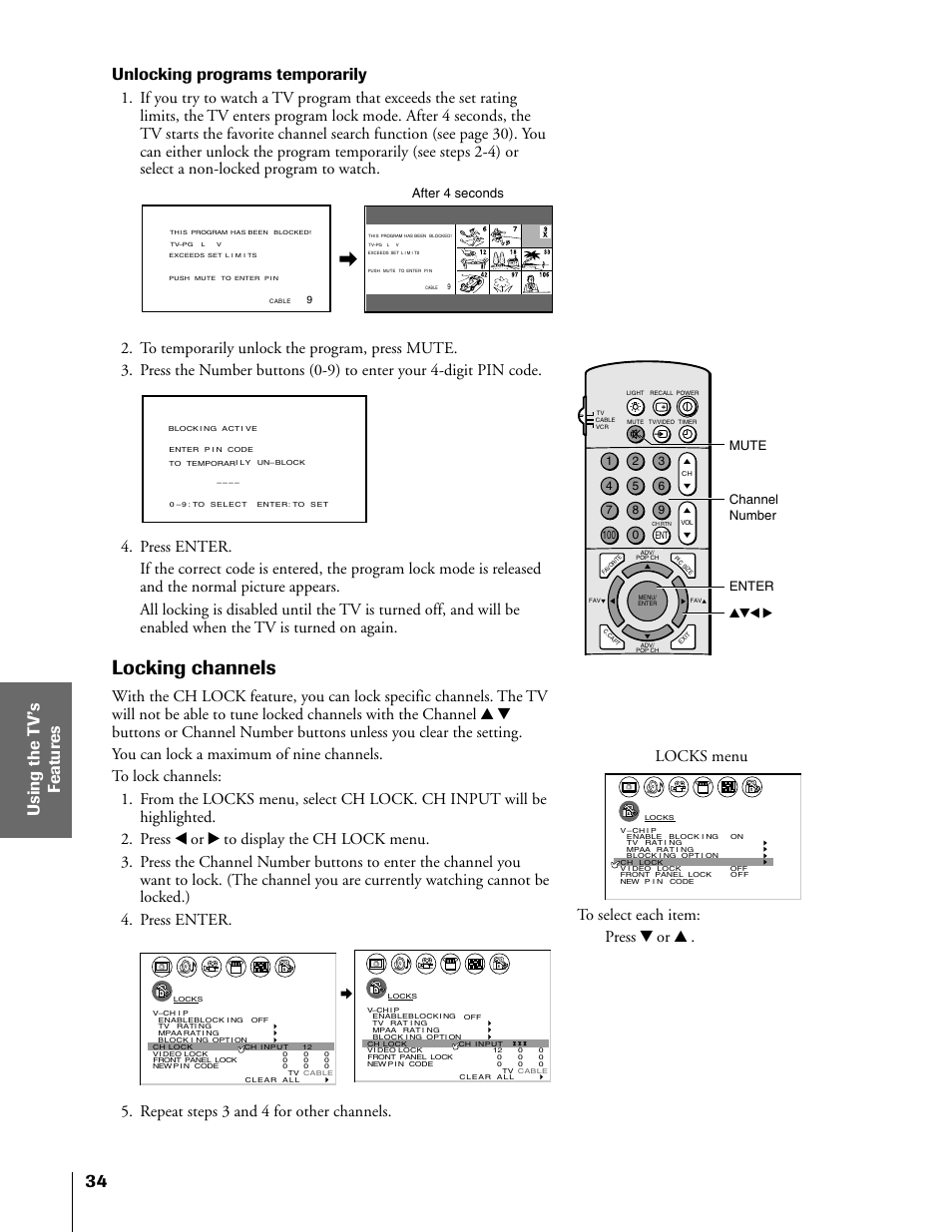 Locking channels, Unlocking programs temporarily, Repeat steps 3 and 4 for other channels | Locks menu, Enter yzx • mute after 4 seconds channel number | Toshiba 50H81 User Manual | Page 34 / 54