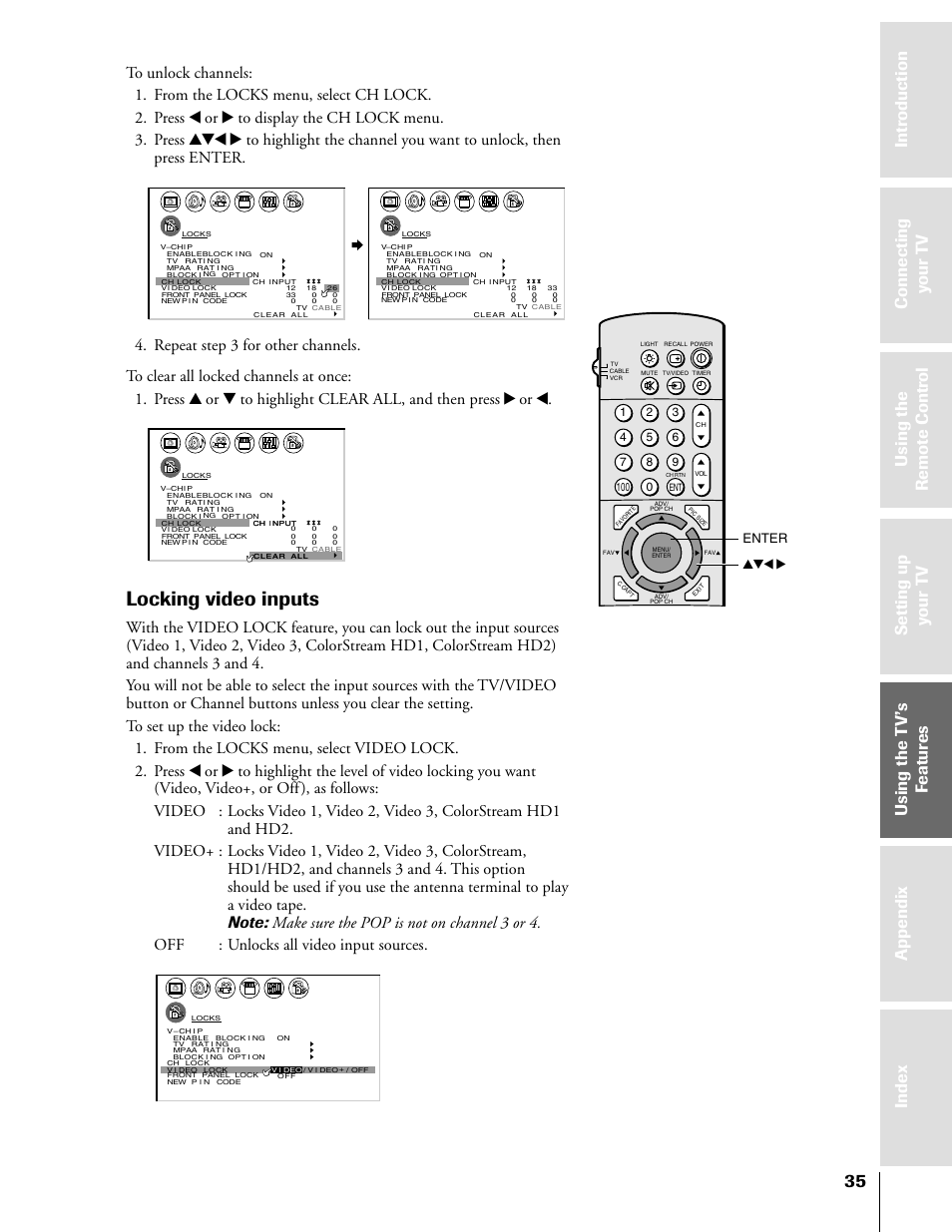 Locking video inputs, Enter yzx | Toshiba 50H81 User Manual | Page 35 / 54