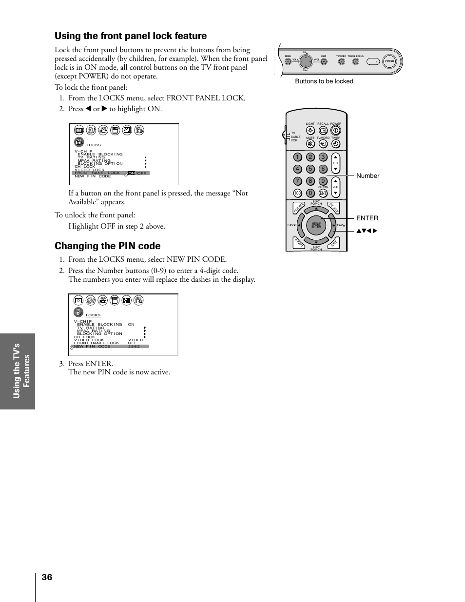 Changing pin code, Using the front panel lock feature, Changing the pin code | Press enter. the new pin code is now active, Enter number buttons to be locked | Toshiba 50H81 User Manual | Page 36 / 54
