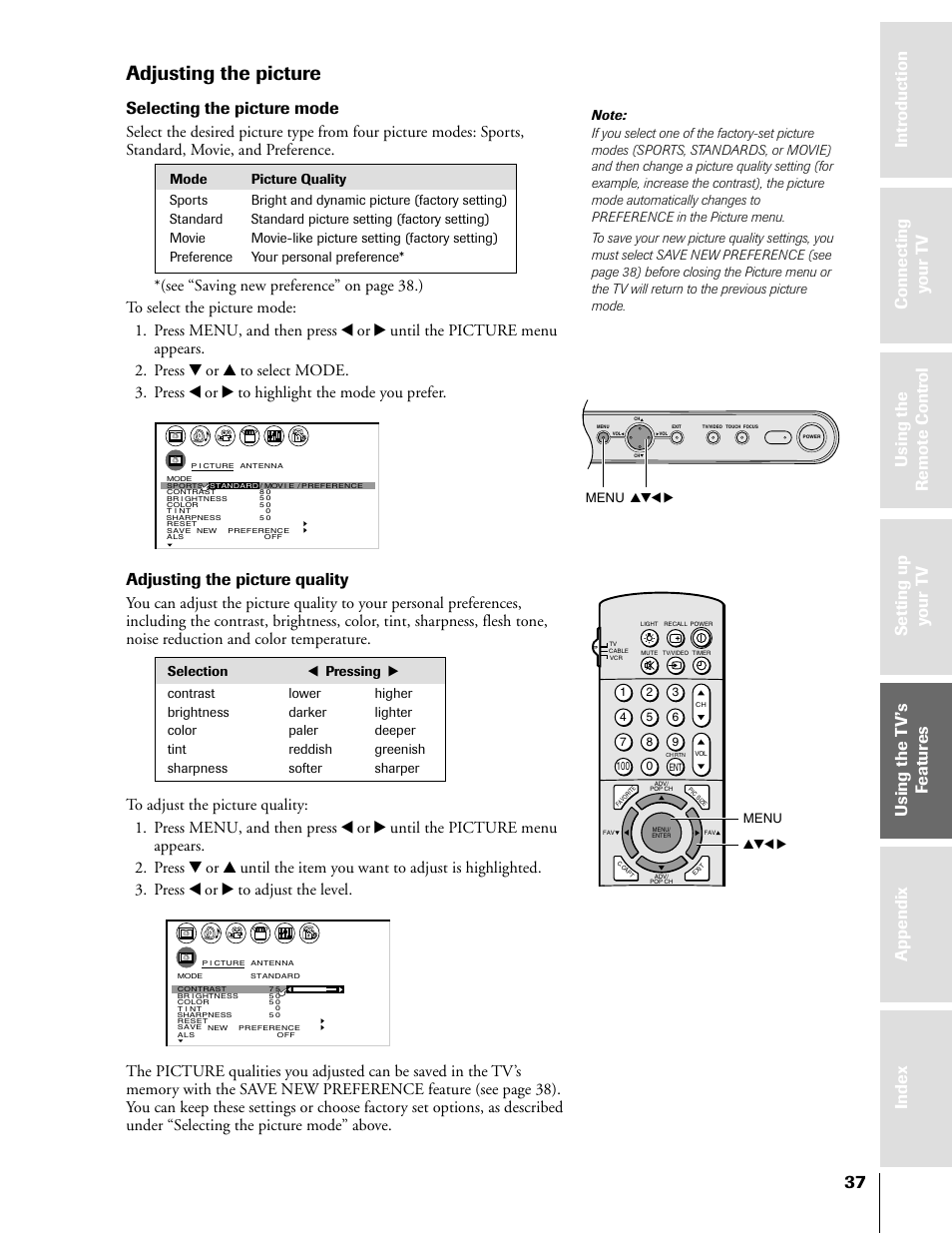 Adjusting the picture, Selecting the picture mode, Adjusting the picture quality | Menu yzx | Toshiba 50H81 User Manual | Page 37 / 54