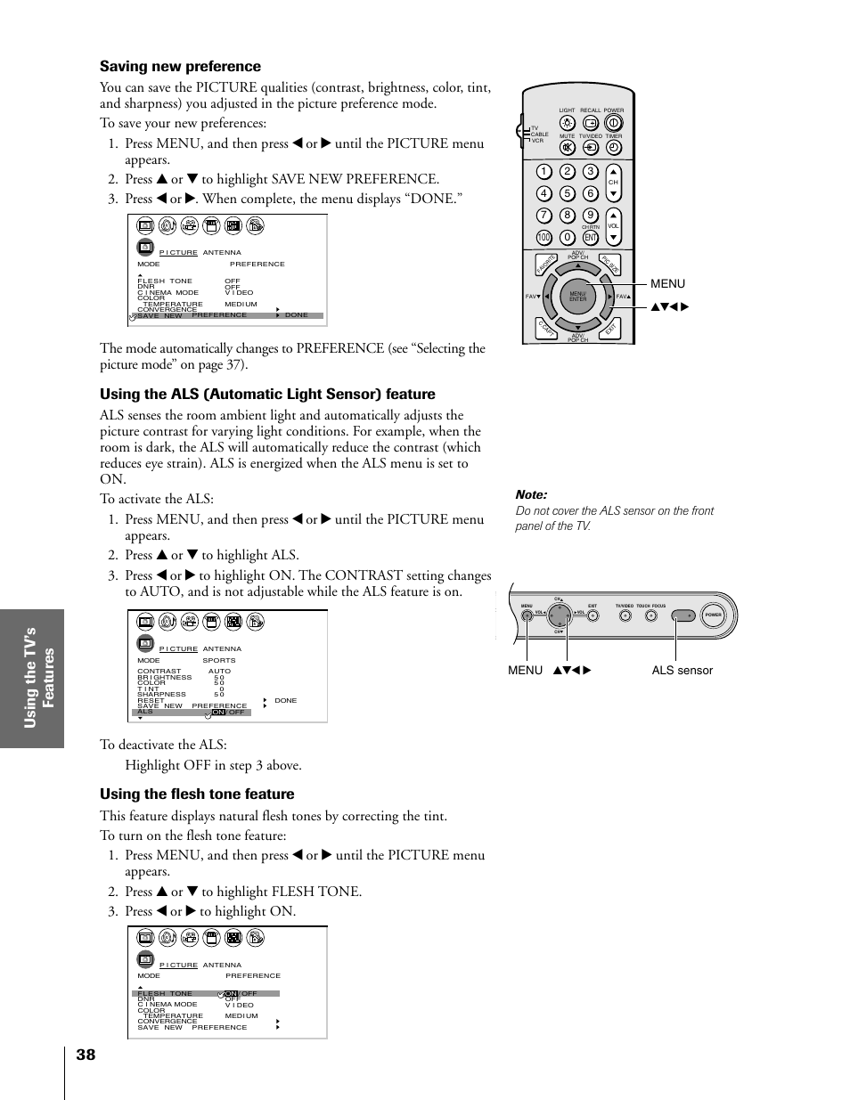 Saving new preference, Using the als (automatic light sensor) feature, Using the flesh tone feature | Menu yzx, Menu yzx • als sensor | Toshiba 50H81 User Manual | Page 38 / 54