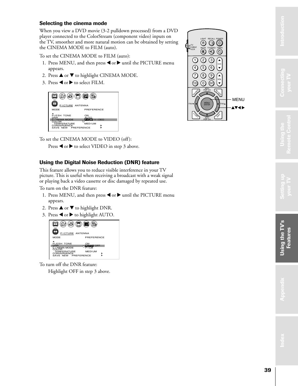 Selecting the cinema mode, Using the digital noise reduction (dnr) feature, Menu yzx | Toshiba 50H81 User Manual | Page 39 / 54