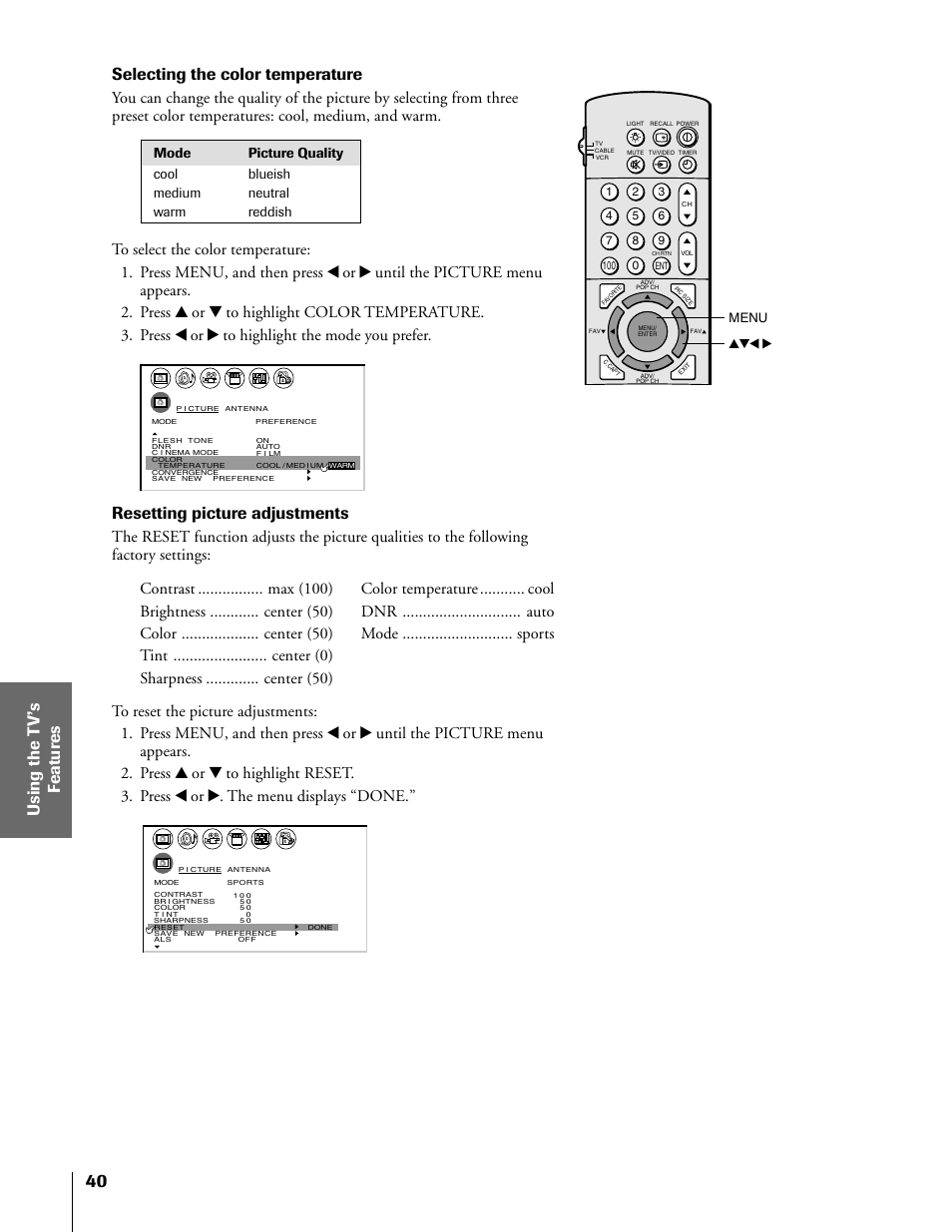 Selecting the color temperature, Resetting picture adjustments, Menu yzx | Toshiba 50H81 User Manual | Page 40 / 54