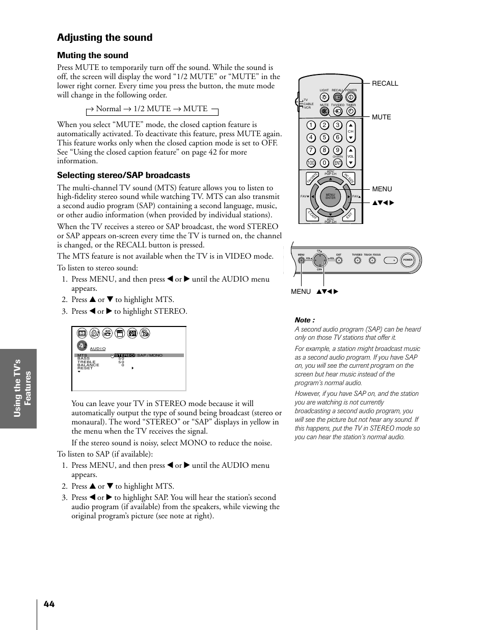 Adjusting the sound, Muting the sound, Selecting stereo/sap broadcasts | Recall mute, Yzx • menu | Toshiba 50H81 User Manual | Page 44 / 54