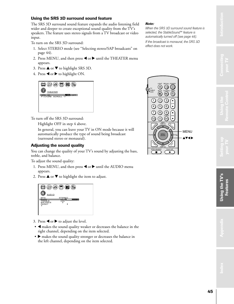 Using the srs 3d surround sound feature, Adjusting the sound quality, Yzx • menu | Toshiba 50H81 User Manual | Page 45 / 54