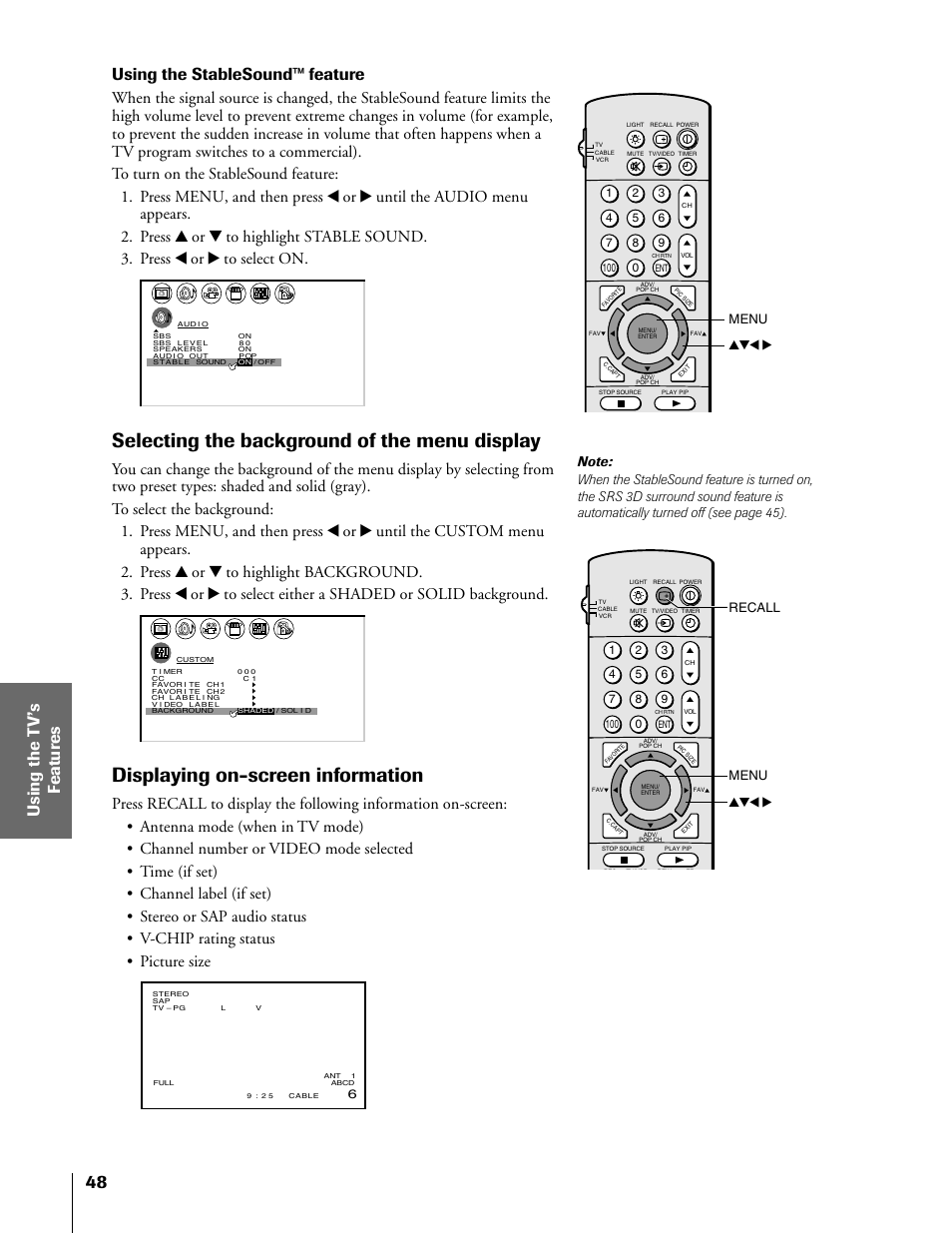 Displaying on-screen information, Selecting the background of the menu display, Using the stablesound™ feature | Yzx • menu recall, Yzx • menu | Toshiba 50H81 User Manual | Page 48 / 54