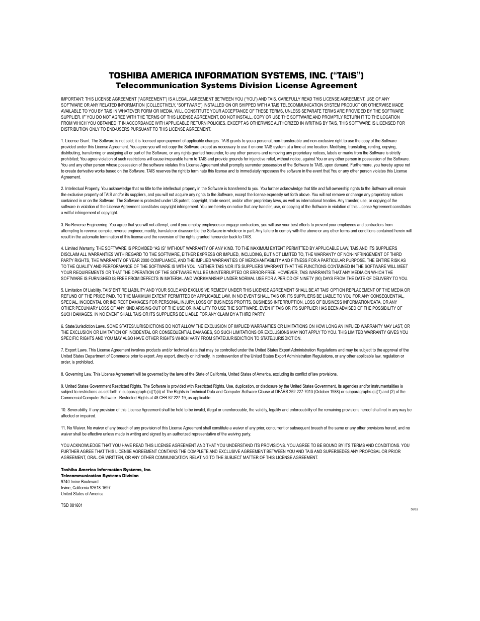 Tais tsd license agreement | Toshiba Stratagy IVP8 User Manual | Page 3 / 60