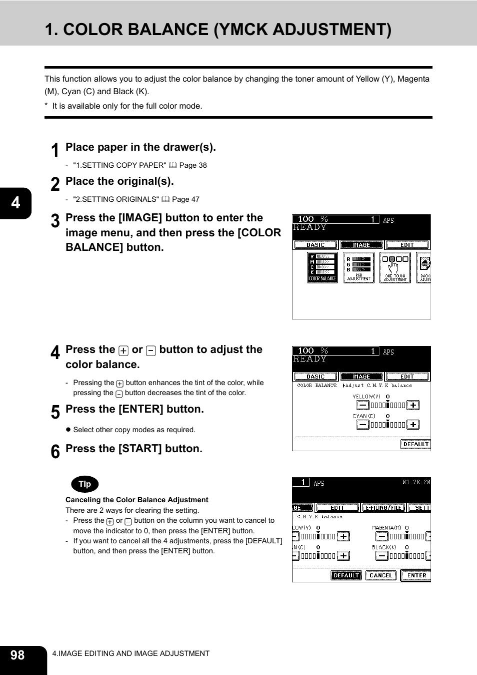 Color balance (ymck adjustment) | Toshiba E-STUDIO 3511 User Manual | Page 100 / 318