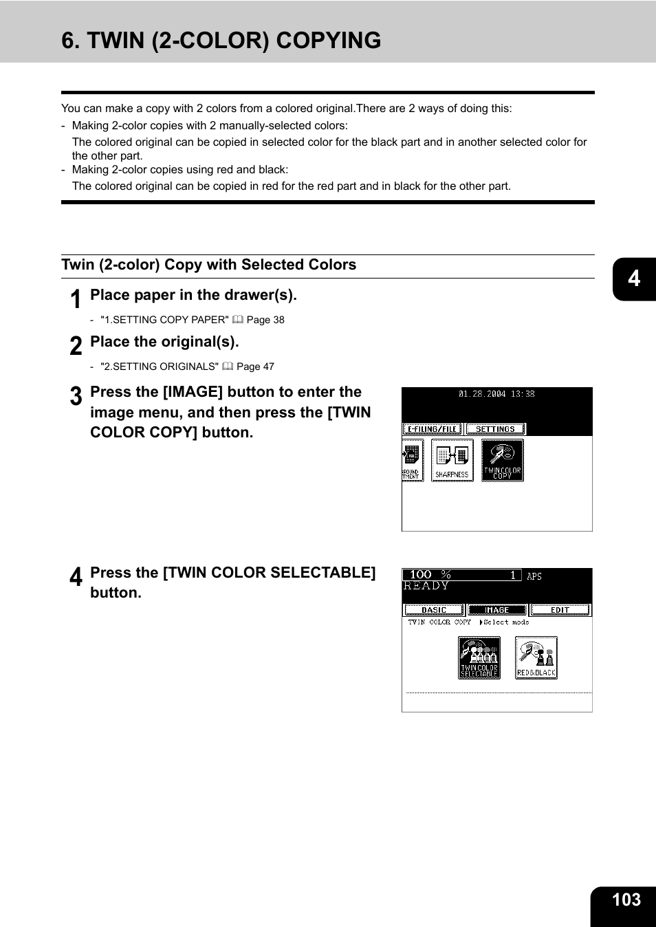 Twin (2-color) copying, Twin (2-color) copy with selected colors | Toshiba E-STUDIO 3511 User Manual | Page 105 / 318