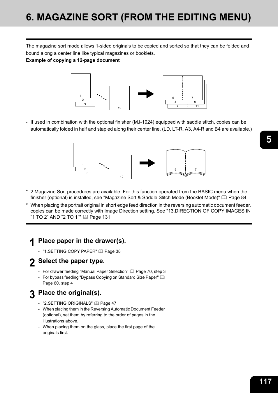Magazine sort (from the editing menu), Magazine sort (from the, Place paper in the drawer(s) | Select the paper type, Place the original(s) | Toshiba E-STUDIO 3511 User Manual | Page 119 / 318