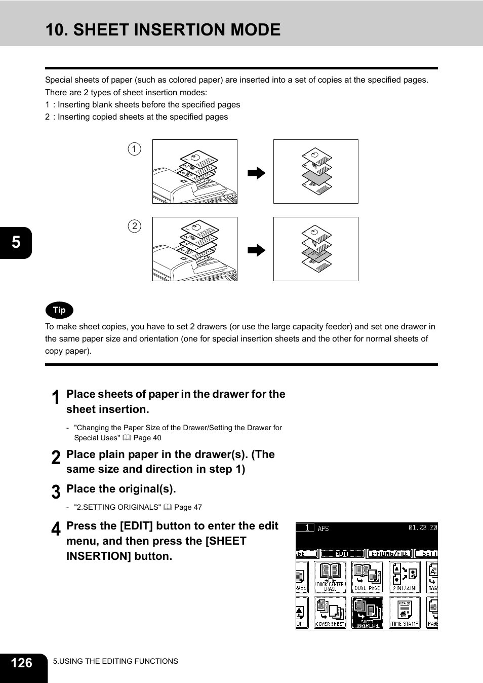 Sheet insertion mode, Place the original(s) | Toshiba E-STUDIO 3511 User Manual | Page 128 / 318