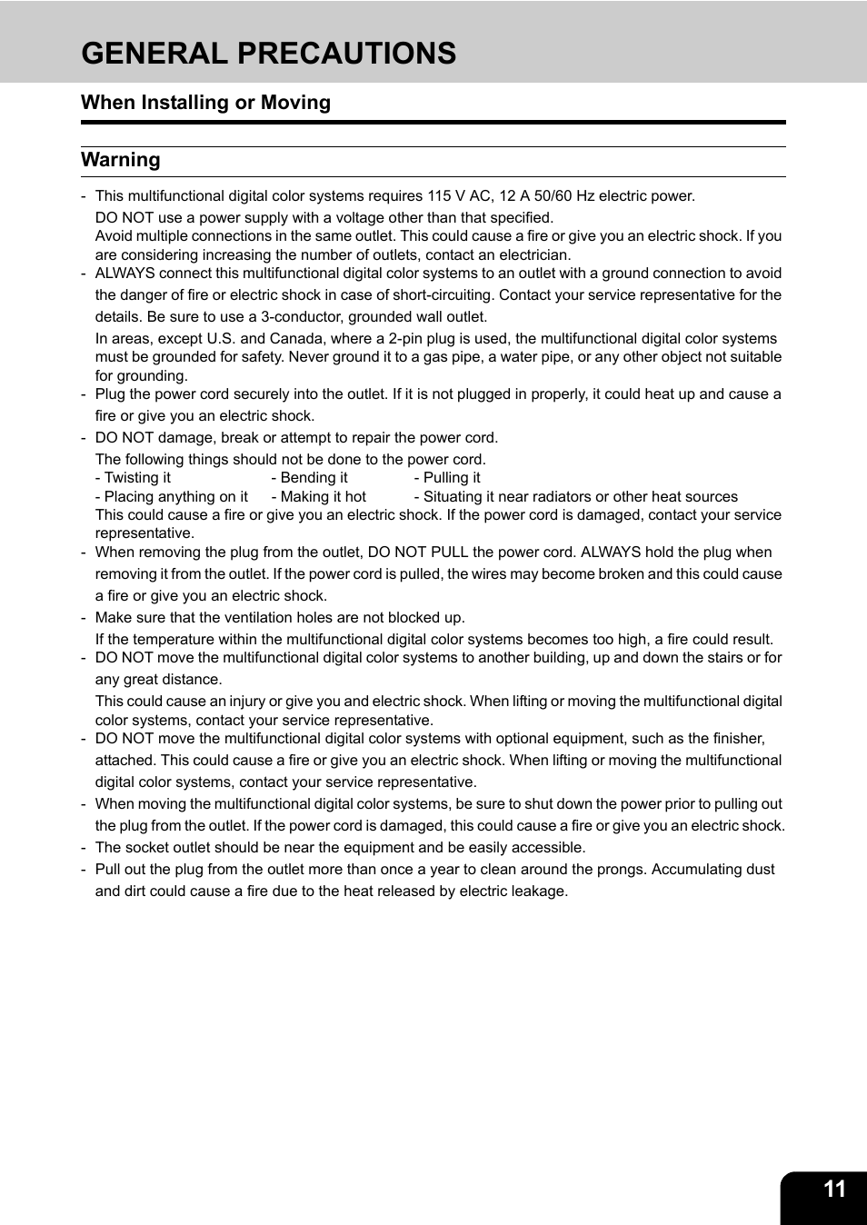 General precautions, When installing or moving, Warning | General precautions when installing or moving, When installing or moving warning | Toshiba E-STUDIO 3511 User Manual | Page 13 / 318