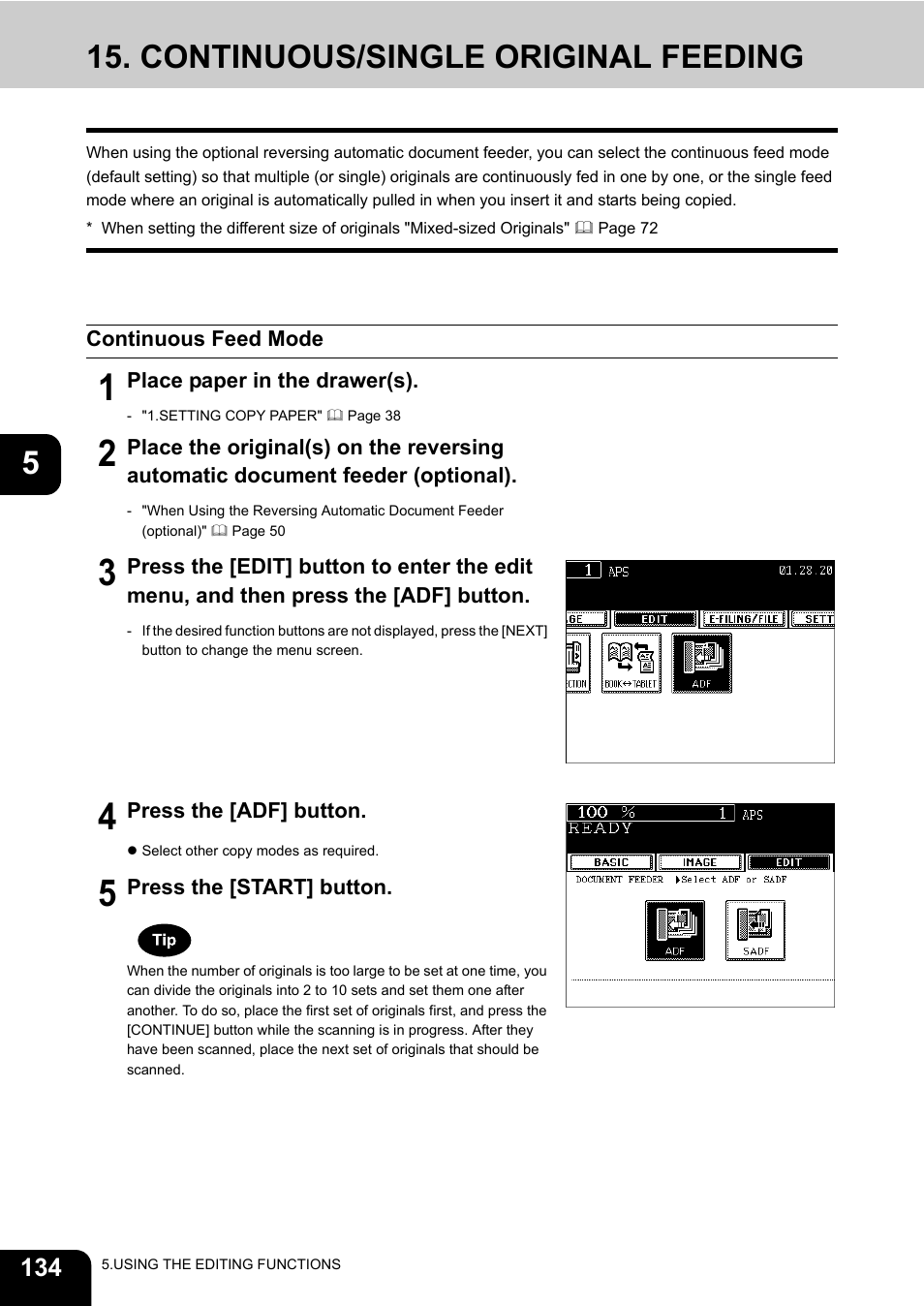 Continuous/single original feeding, Continuous feed mode | Toshiba E-STUDIO 3511 User Manual | Page 136 / 318