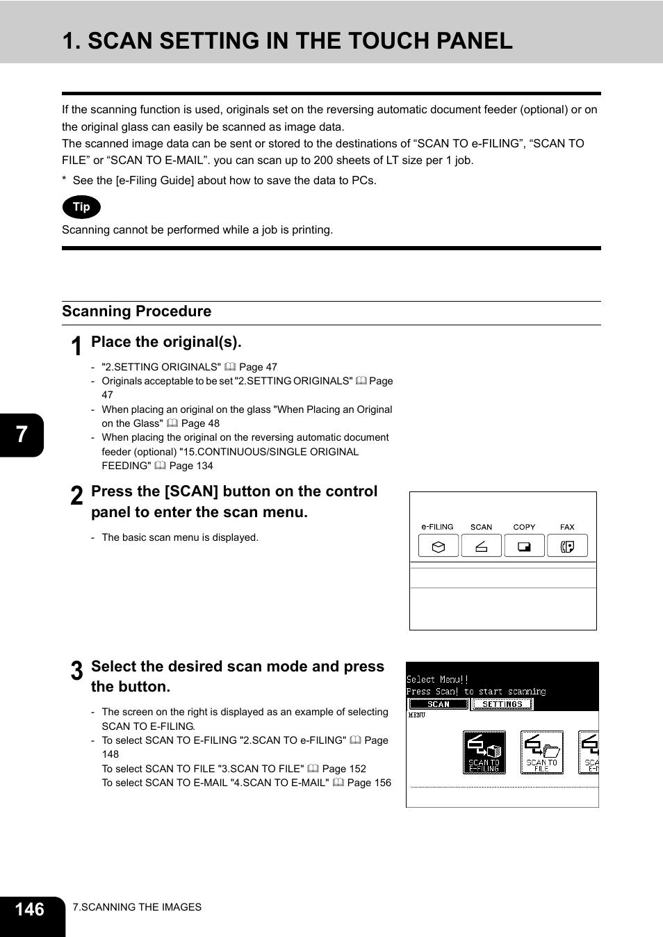 Scan setting in the touch panel, Scanning procedure | Toshiba E-STUDIO 3511 User Manual | Page 148 / 318