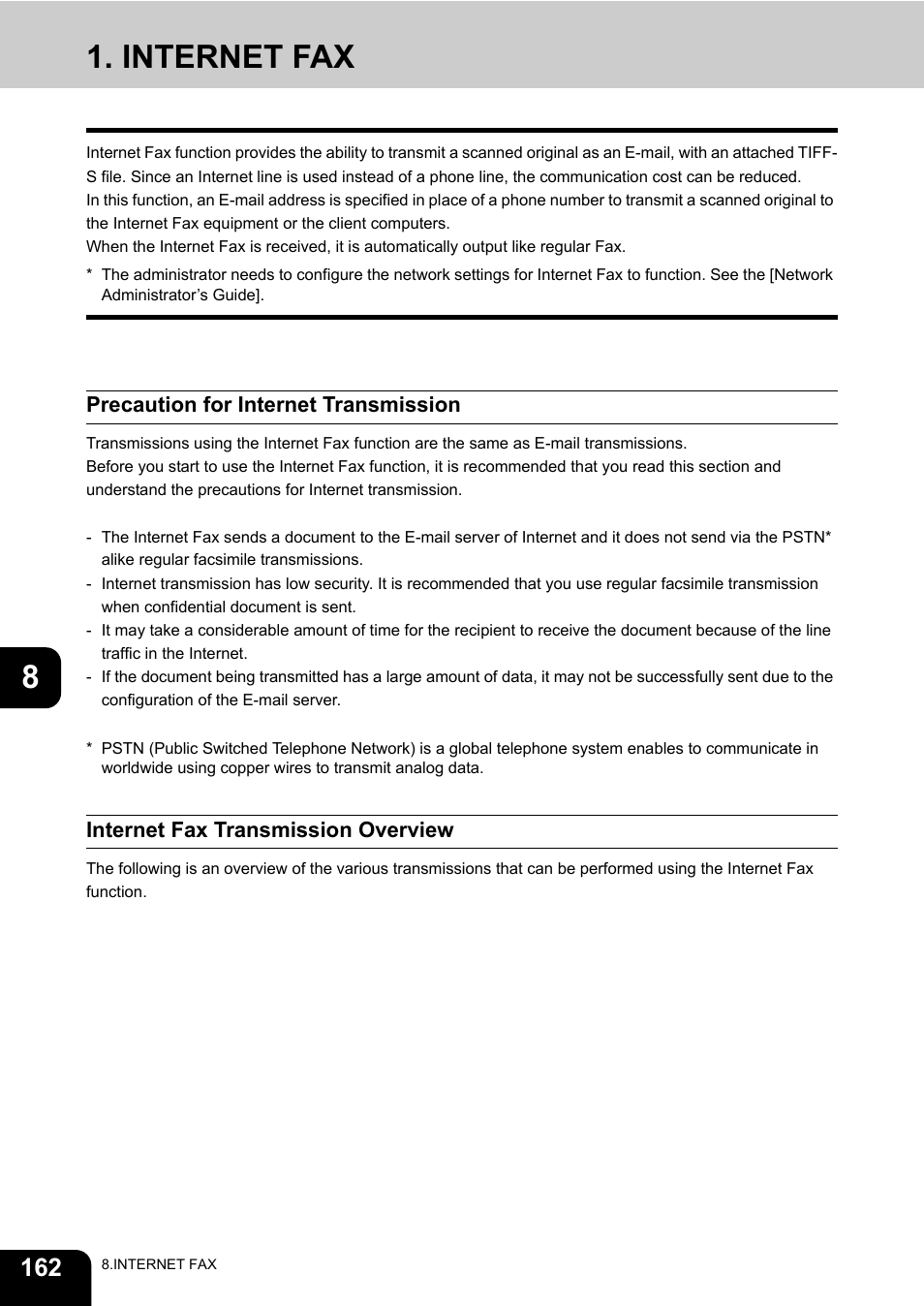 Internet fax, Precaution for internet transmission, Internet fax transmission overview | Toshiba E-STUDIO 3511 User Manual | Page 164 / 318