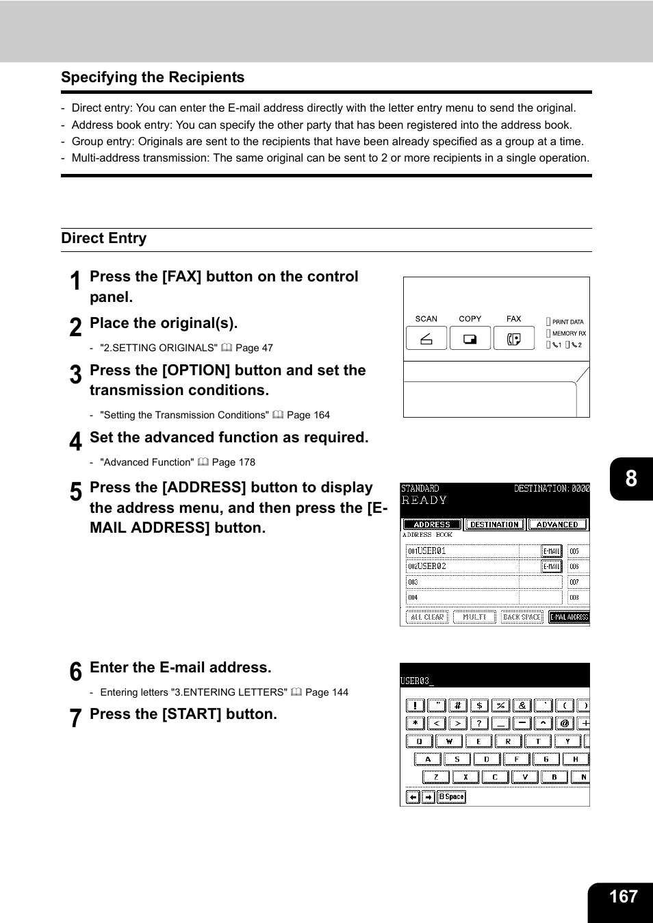 Specifying the recipients, Direct entry | Toshiba E-STUDIO 3511 User Manual | Page 169 / 318