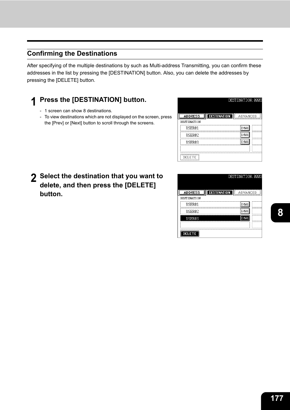 Confirming the destinations | Toshiba E-STUDIO 3511 User Manual | Page 179 / 318