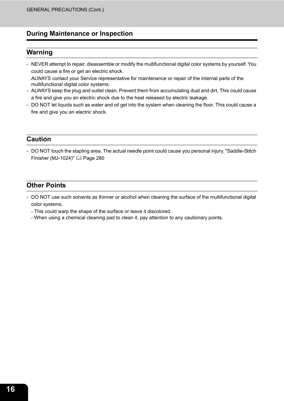 During maintenance or inspection, Warning, Caution | Other points, During maintenance or inspection warning | Toshiba E-STUDIO 3511 User Manual | Page 18 / 318