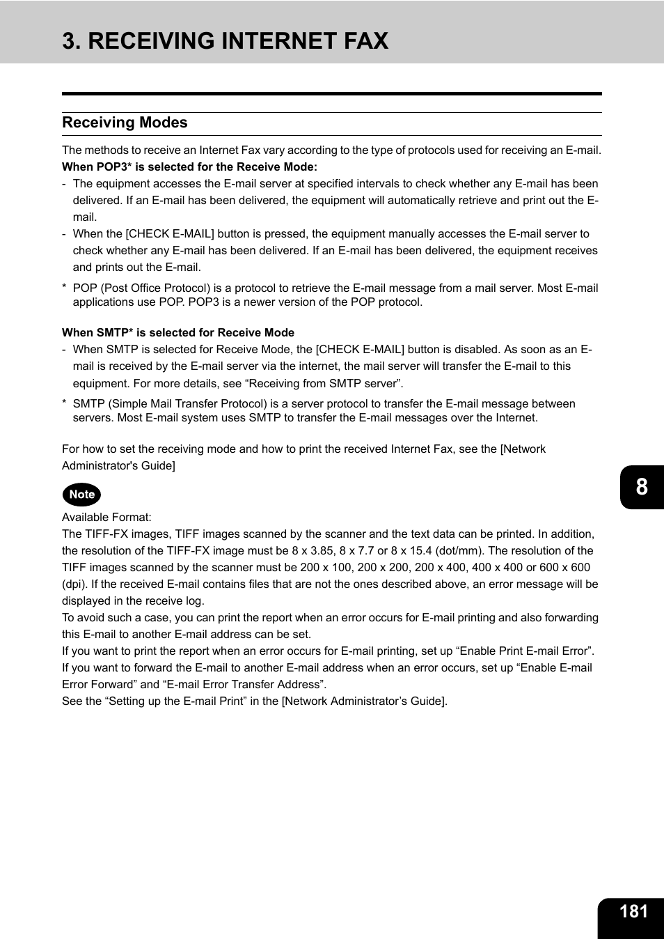 Receiving internet fax, Receiving modes | Toshiba E-STUDIO 3511 User Manual | Page 183 / 318